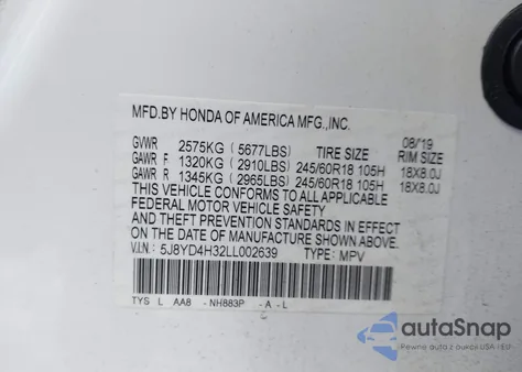 2020 Acura Mdx Standard из США, поврежденный, VIN 5J8YD4H32LL002639